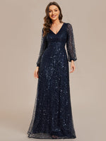 Kerrianna Navy V - neck long lantern sleeve sequin A - Line dress s24 - 26 Express NZ wide - Bay Bridal and Ball Gowns