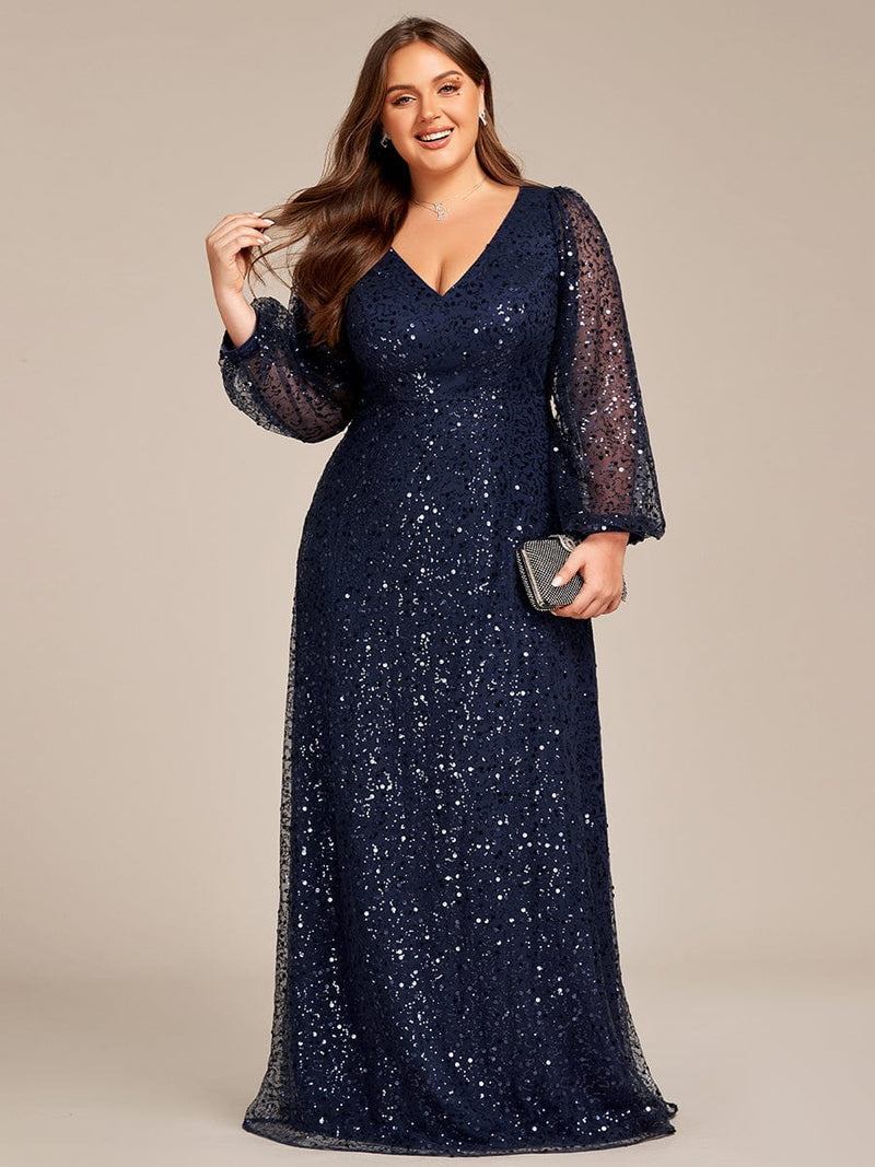 Kerrianna Navy V - neck long lantern sleeve sequin A - Line dress s24 - 26 Express NZ wide - Bay Bridal and Ball Gowns