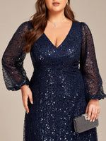 Kerrianna Navy V - neck long lantern sleeve sequin A - Line dress s24 - 26 Express NZ wide - Bay Bridal and Ball Gowns