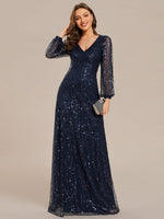 Kerrianna Navy V - neck long lantern sleeve sequin A - Line dress s24 - 26 Express NZ wide - Bay Bridal and Ball Gowns