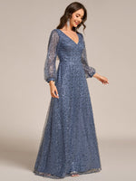 Kerrianna V - neck long lantern sleeve sequin A - Line dress - Bay Bridal and Ball Gowns