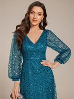 Kerrianna V - neck long lantern sleeve sequin A - Line dress - Bay Bridal and Ball Gowns