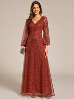 Kerrianna V - neck long lantern sleeve sequin A - Line dress - Bay Bridal and Ball Gowns