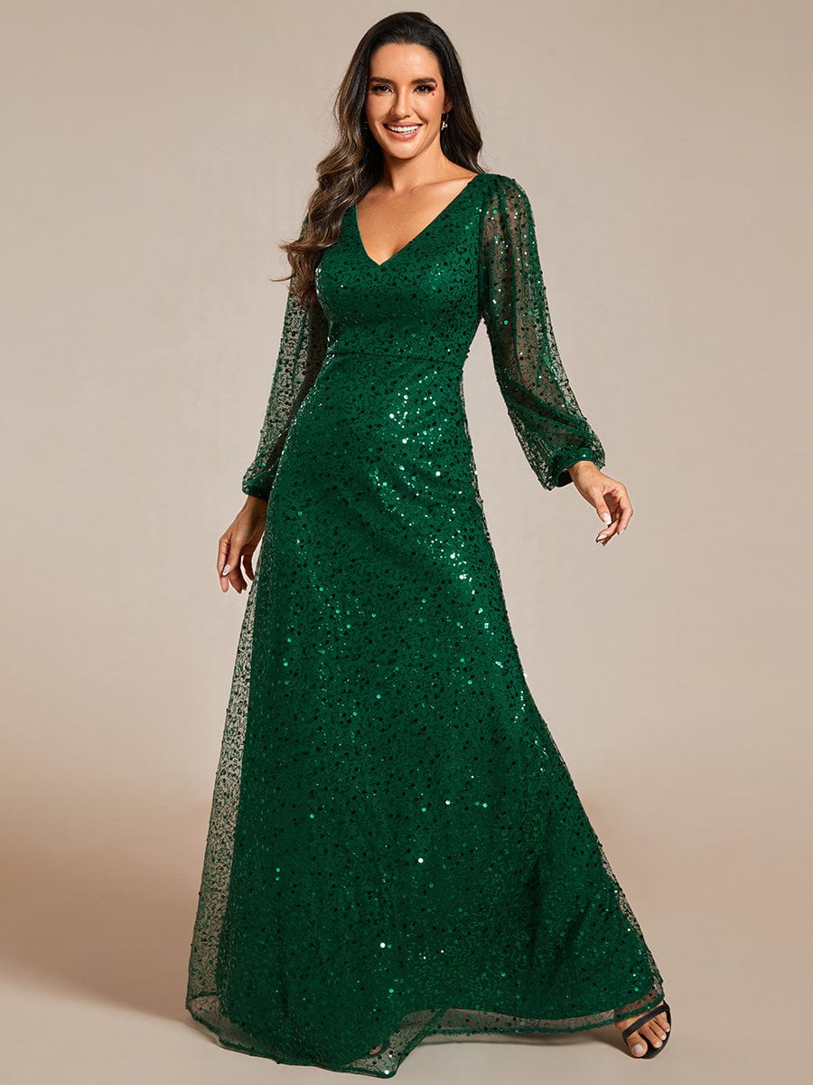 Kerrianna V - neck long lantern sleeve sequin A - Line dress - Bay Bridal and Ball Gowns