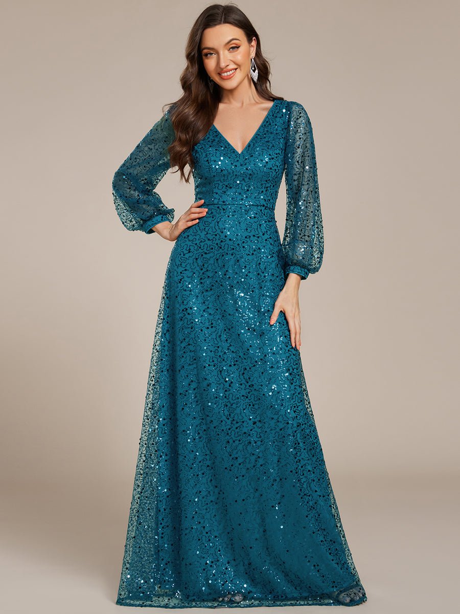 Kerrianna V - neck long lantern sleeve sequin A - Line dress - Bay Bridal and Ball Gowns