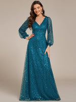 Kerrianna V - neck long lantern sleeve sequin A - Line dress - Bay Bridal and Ball Gowns