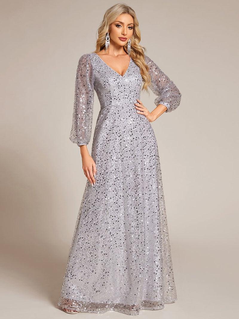 Kerrianna V - neck long lantern sleeve sequin A - Line dress - Bay Bridal and Ball Gowns