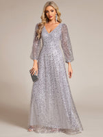 Kerrianna V - neck long lantern sleeve sequin A - Line dress - Bay Bridal and Ball Gowns