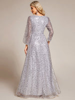 Kerrianna V - neck long lantern sleeve sequin A - Line dress - Bay Bridal and Ball Gowns