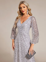 Kerrianna V - neck long lantern sleeve sequin A - Line dress - Bay Bridal and Ball Gowns