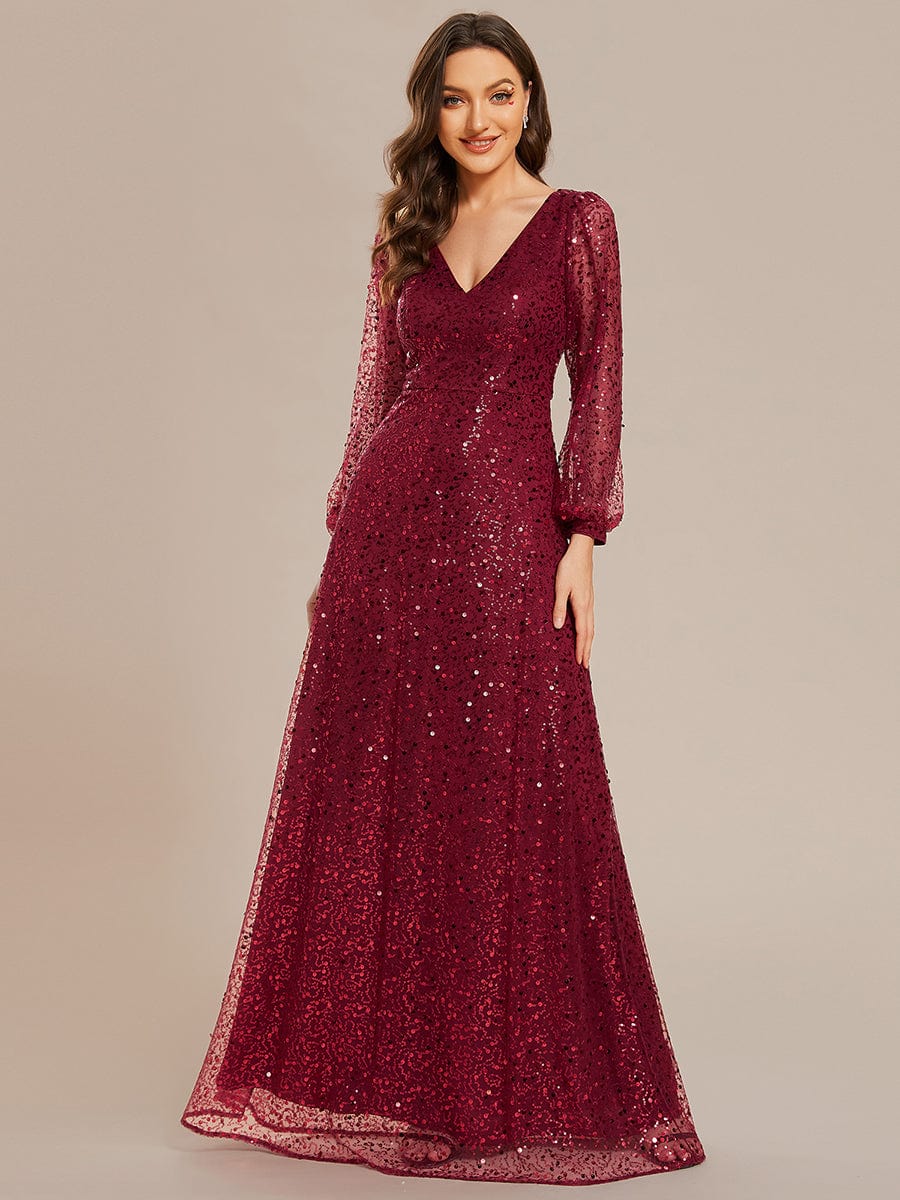 Kerrianna V - neck long lantern sleeve sequin A - Line dress - Bay Bridal and Ball Gowns