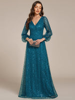 Kerrianna V - neck long lantern sleeve sequin A - Line dress - Bay Bridal and Ball Gowns