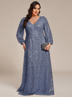 Kerrianna V - neck long lantern sleeve sequin A - Line dress - Bay Bridal and Ball Gowns