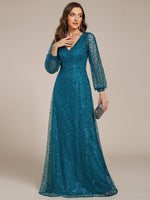 Kerrianna V - neck long lantern sleeve sequin A - Line dress - Bay Bridal and Ball Gowns