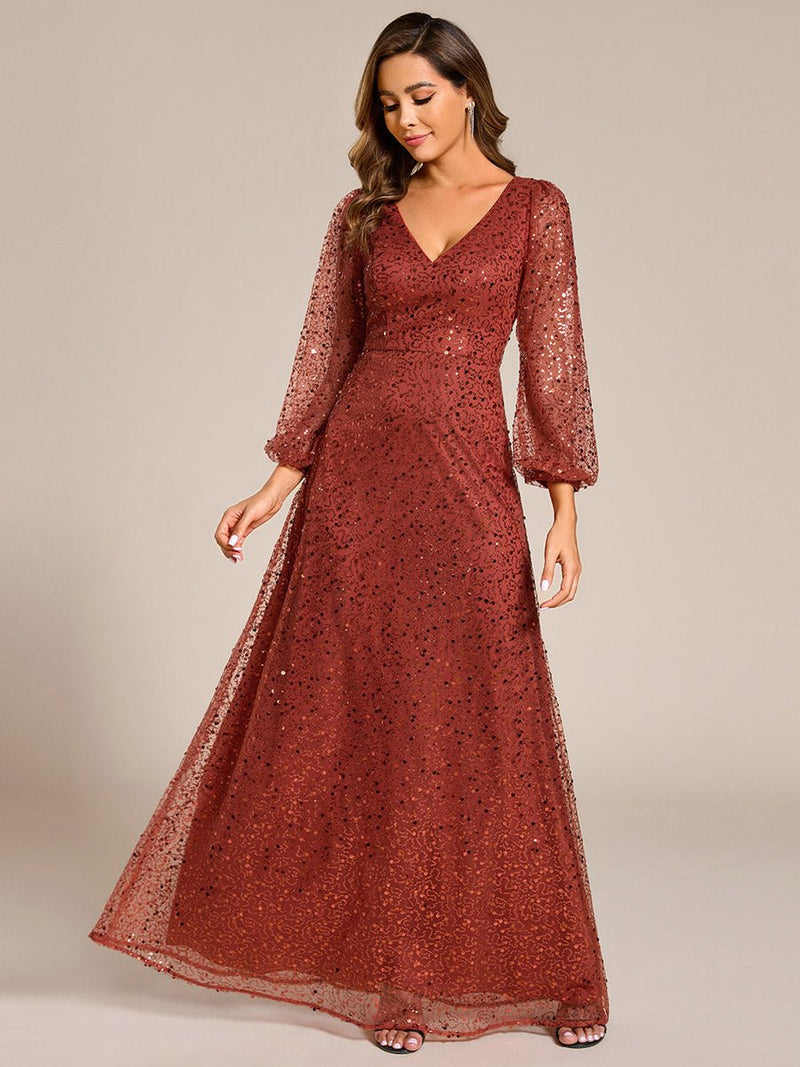 Kerrianna V - neck long lantern sleeve sequin A - Line dress - Bay Bridal and Ball Gowns