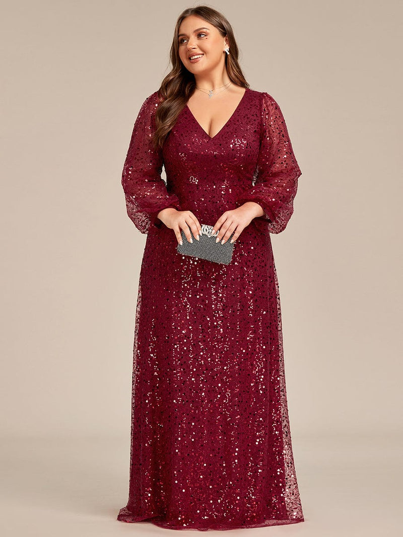 Kerrianna V - neck long lantern sleeve sequin A - Line dress - Bay Bridal and Ball Gowns