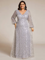 Kerrianna V - neck long lantern sleeve sequin A - Line dress - Bay Bridal and Ball Gowns