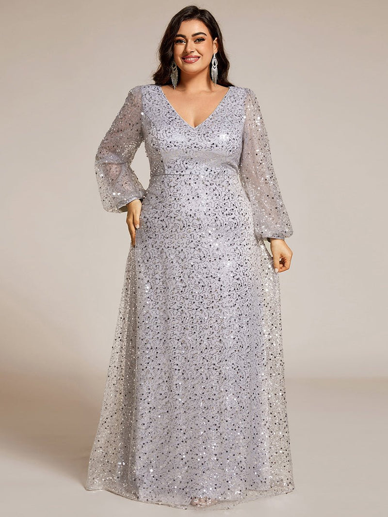 Kerrianna V - neck long lantern sleeve sequin A - Line dress - Bay Bridal and Ball Gowns