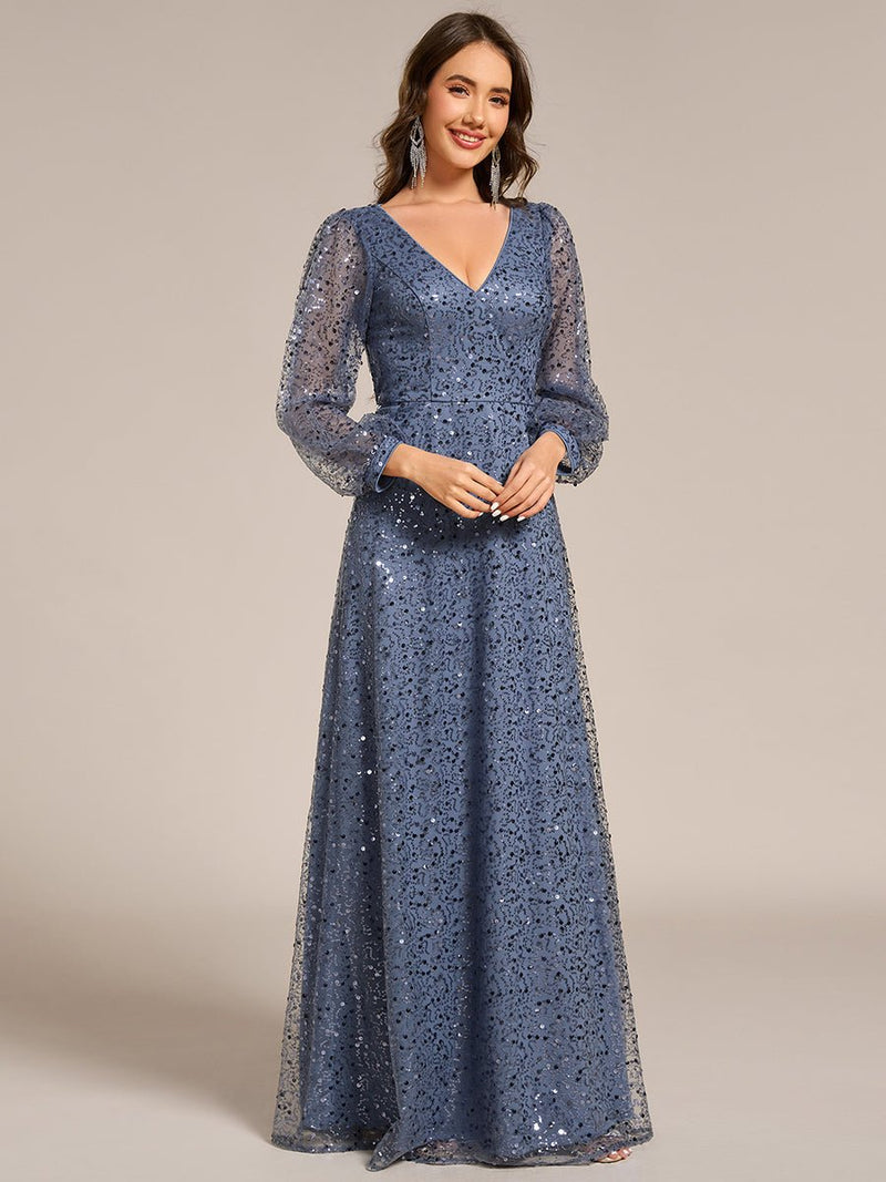 Kerrianna V - neck long lantern sleeve sequin A - Line dress - Bay Bridal and Ball Gowns