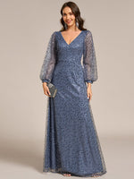 Kerrianna V - neck long lantern sleeve sequin A - Line dress - Bay Bridal and Ball Gowns