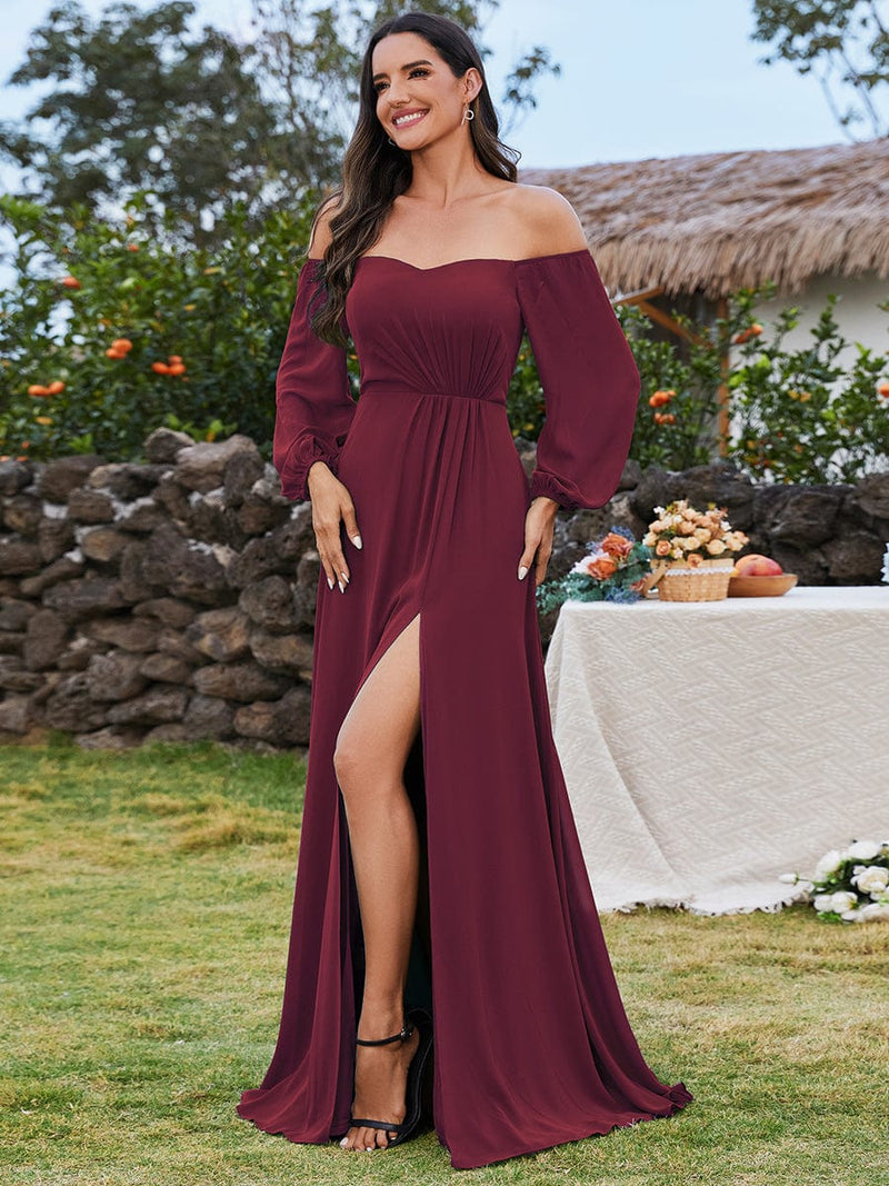Kimmy off shoulder ball or bridesmaid dress with split - Bay Bridal and Ball Gowns