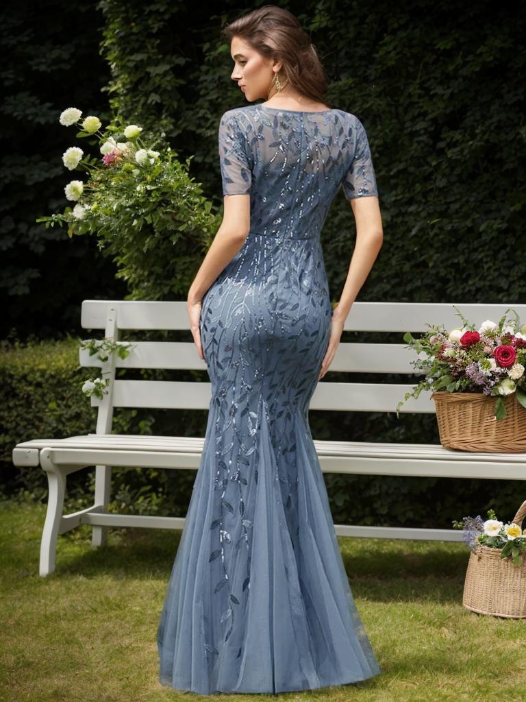 Krystal leaf pattern dress with sequins in dusky navy Express NZ wide - Bay Bridal and Ball Gowns