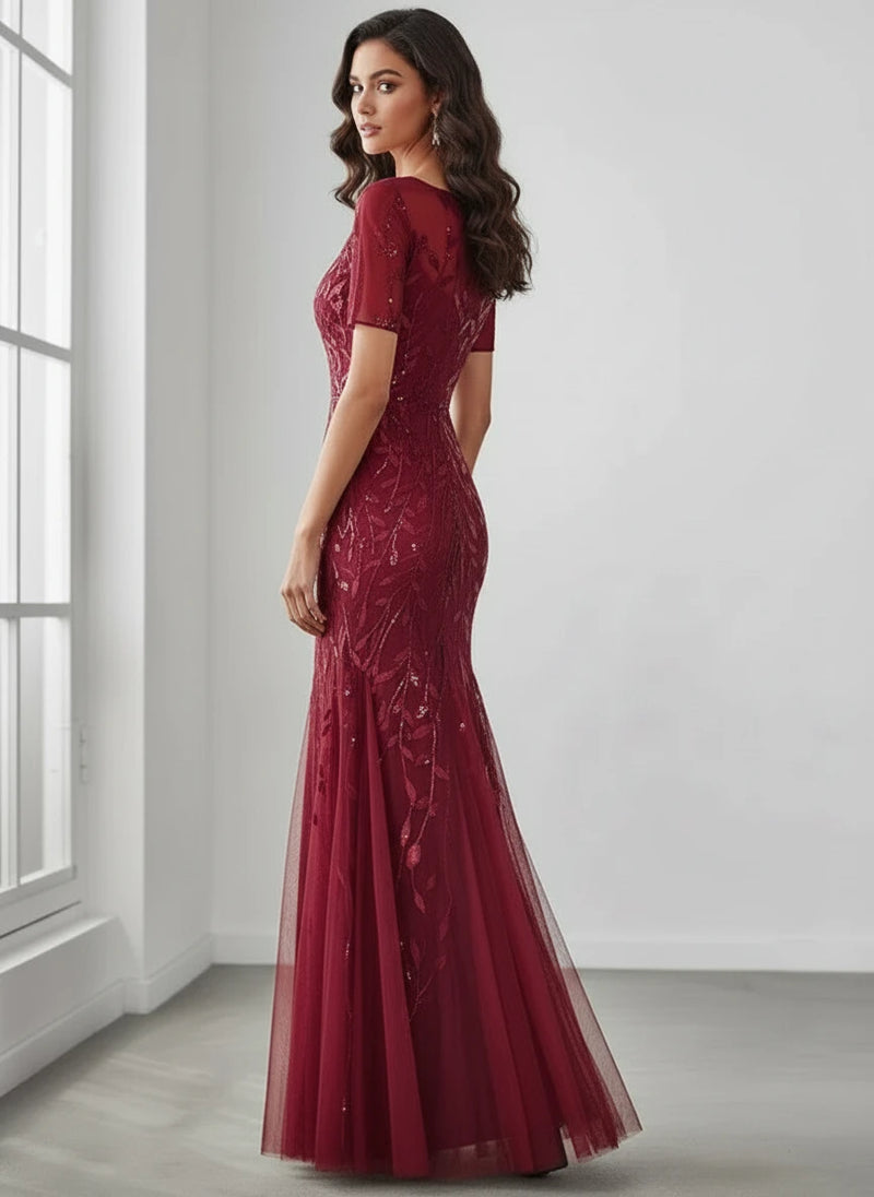 Krystal tulle sequin leaf pattern dress in burgundy s12 Express NZ Wide - Bay Bridal and Ball Gowns