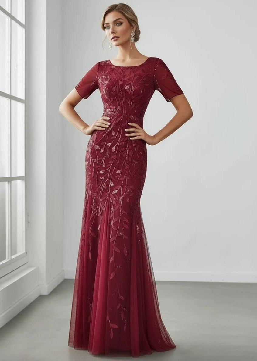Krystal tulle sequin leaf pattern dress in burgundy s12 Express NZ Wide - Bay Bridal and Ball Gowns