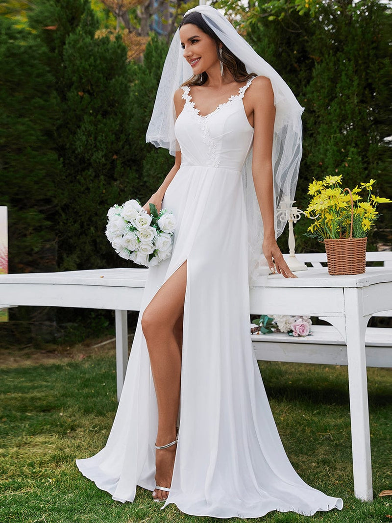 Lila V-neck chiffon wedding dress with split in white - Bay Bridal and Ball Gowns