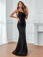 Lissa one shoulder sequin ball dress with split in black Express NZ wide - Bay Bridal and Ball Gowns