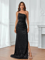 Lissa one shoulder sequin ball dress with split in black Express NZ wide - Bay Bridal and Ball Gowns
