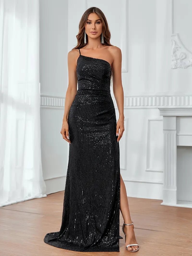 Lissa one shoulder sequin ball dress with split in black Bay Bridal