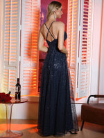 Livia sparking evening all gown with cross back straps in navy Express NZ wide - Bay Bridal and Ball Gowns