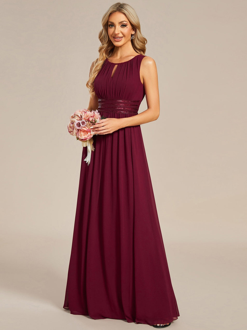 Liza burgundy chiffon bridesmaid dress with decorative waist s14 Express NZ Wide - Bay Bridal and Ball Gowns