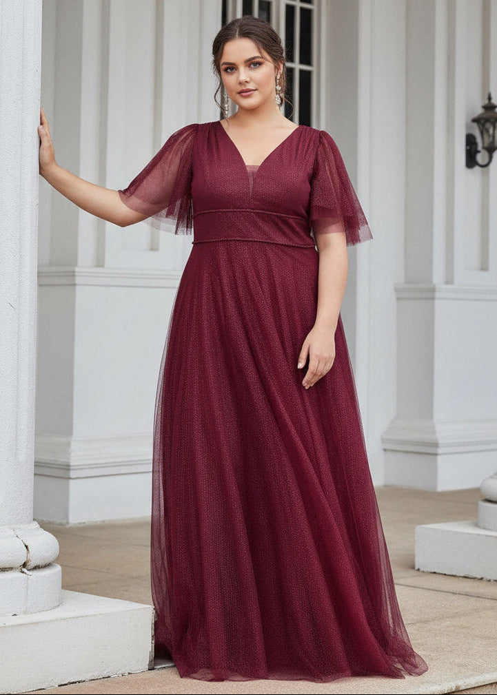 Lorrie flutter sleeve tulle ball gown in burgundy size 26