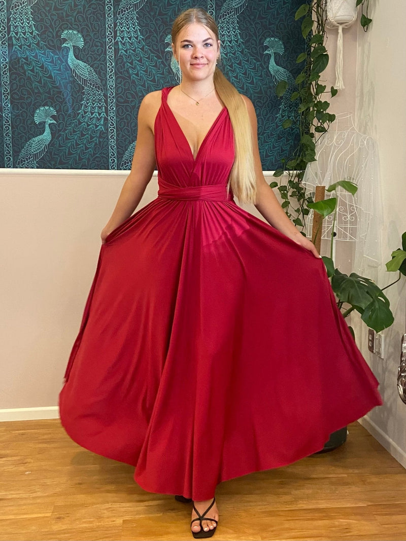 Luxe Brick Red Convertible Infinity bridesmaid dress with split Express NZ wide - Bay Bridal and Ball Gowns