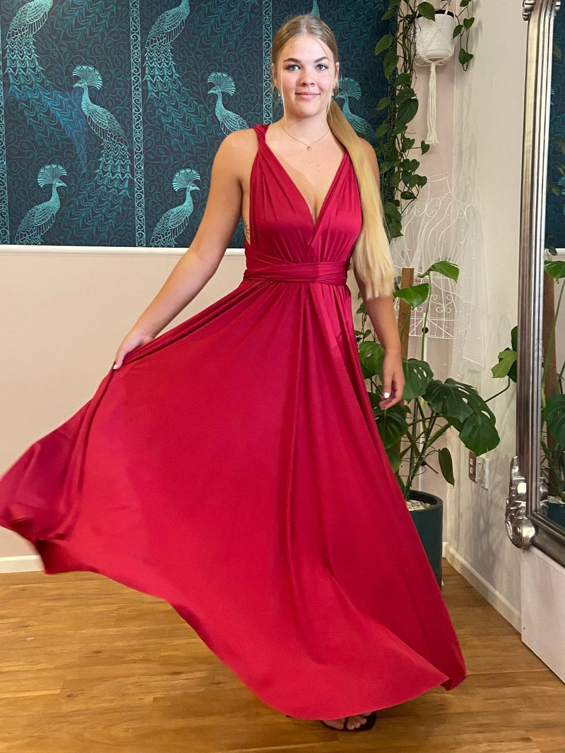 Luxe Brick Red Convertible Infinity bridesmaid dress with split Express NZ wide - Bay Bridal and Ball Gowns