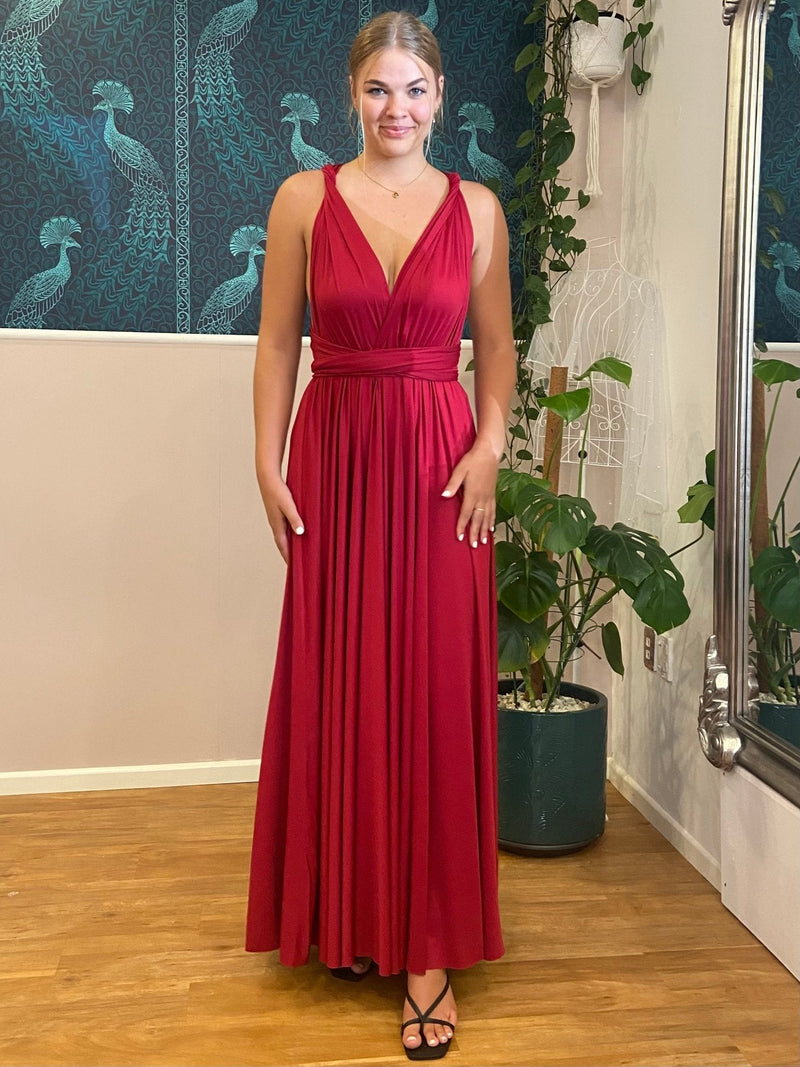 Luxe Brick Red Convertible Infinity bridesmaid dress with split Express NZ wide - Bay Bridal and Ball Gowns