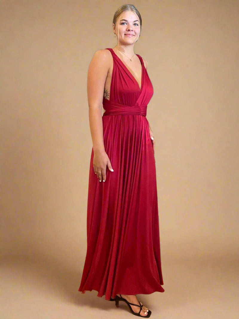 Luxe Brick Red Convertible Infinity bridesmaid dress with split Express NZ wide - Bay Bridal and Ball Gowns