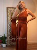 Luxe Burnt Orange Convertible Infinity bridesmaid dress with Split Express NZ wide - Bay Bridal and Ball Gowns