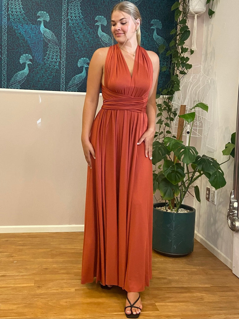 Luxe Burnt Orange Convertible Infinity bridesmaid dress with Split Express NZ wide - Bay Bridal and Ball Gowns