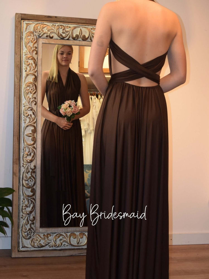 Luxe Chocolate Convertible Infinity bridesmaid dress with split Express NZ wide - Bay Bridal and Ball Gowns