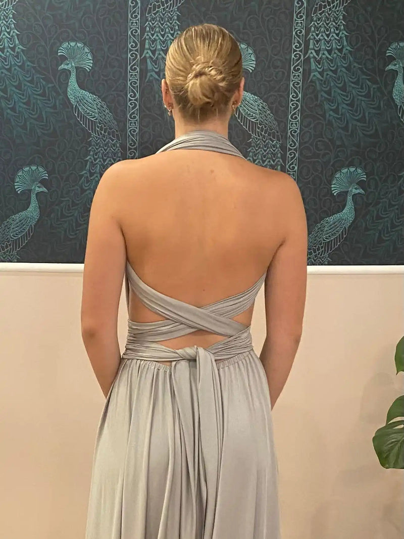 silver multiway bridesmaid dress Silver Light Grey Long Maxi Infinity Gown Convertible Formal Multiway Wrap Bridesmaid Evening Toga Dress