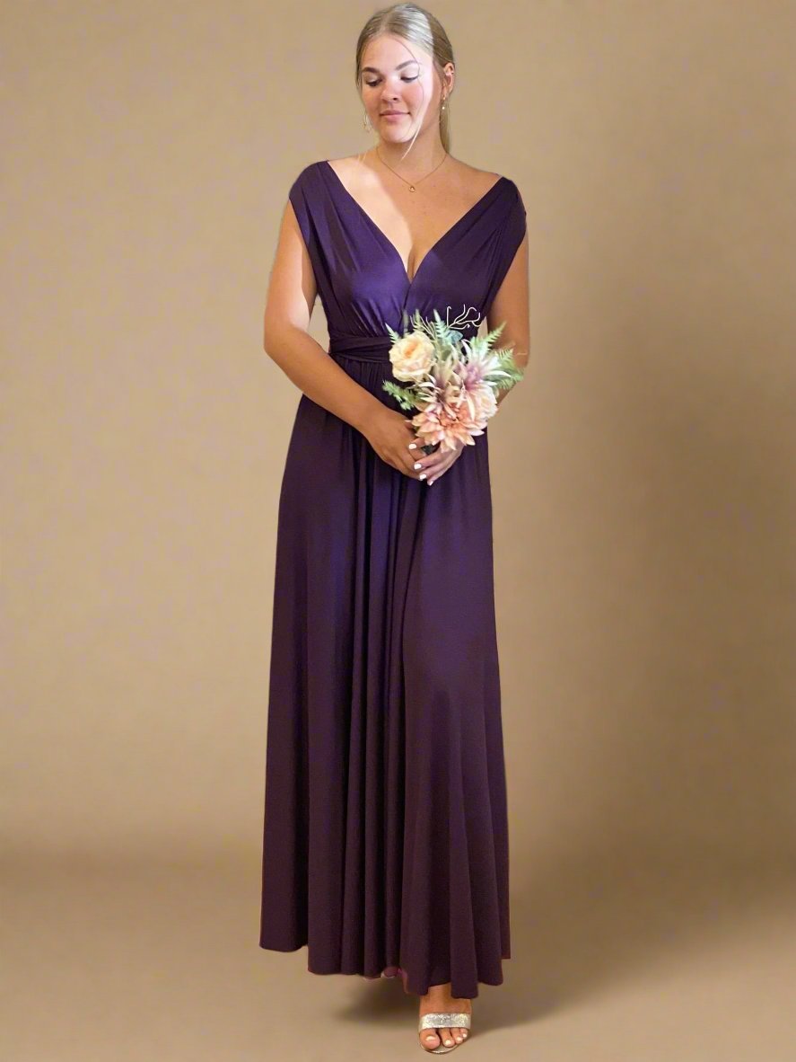 Luxe Grape Purple convertible Infinity bridesmaid dress with split Express NZ wide - Bay Bridal and Ball Gowns