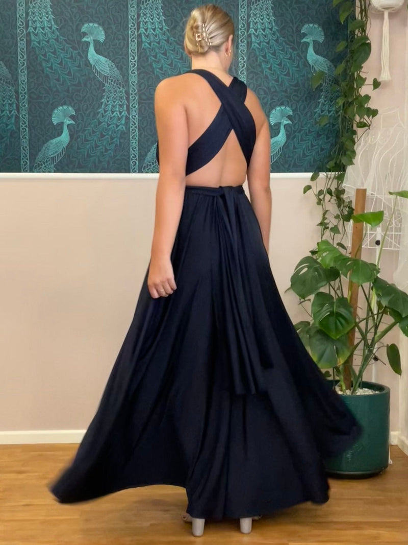 Luxe Navy Blue convertible Infinity bridesmaid dress with split Express NZ wide - Bay Bridal and Ball Gowns