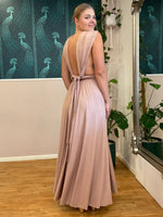 Luxe Taupe Convertible Infinity bridesmaid dress with split Express NZ wide - Bay Bridal and Ball Gowns