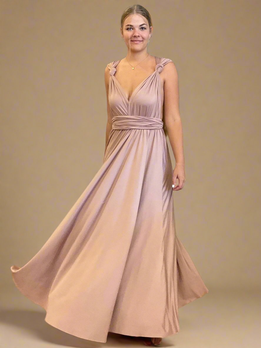 Luxe Taupe Convertible Infinity bridesmaid dress with split Express NZ wide - Bay Bridal and Ball Gowns