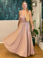 Luxe Taupe Convertible Infinity bridesmaid dress with split Express NZ wide - Bay Bridal and Ball Gowns