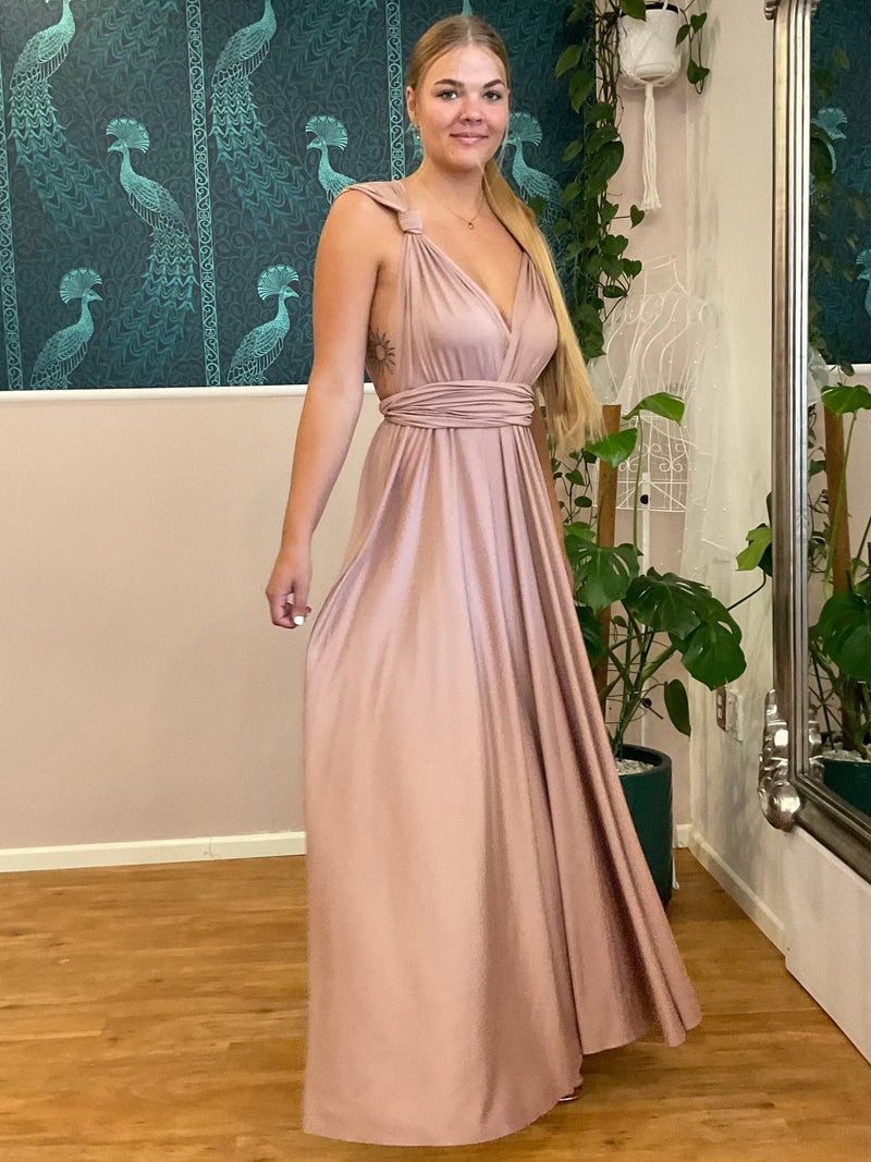 Luxe Taupe Convertible Infinity bridesmaid dress with split Express NZ wide - Bay Bridal and Ball Gowns