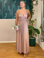 Luxe Taupe Convertible Infinity bridesmaid dress with split Express NZ wide - Bay Bridal and Ball Gowns